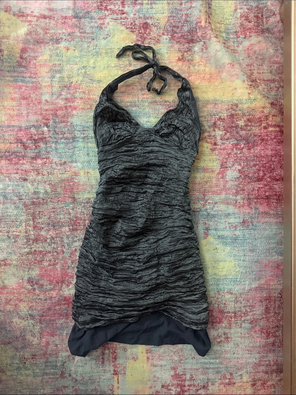 Black Ruched Halter Mini Dress